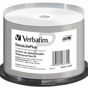 C07L04 - DVD-R 4.7GB - 50DVD - VERBATIM 16x Spindle Wide Printable Waterproof No ID Brand