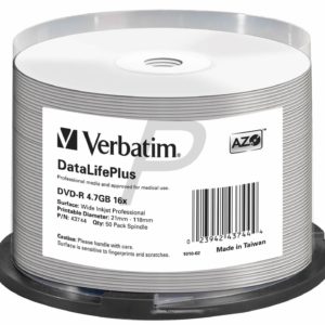 C07L05 - DVD-R 4.7GB - 50DVD - VERBATIM 16x Spindle DataLifePlus Wide Inkjet Professional No ID Brand