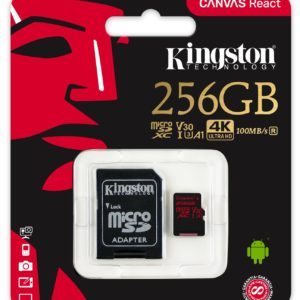 J10H08 - MicroSDXC Memory Card 256000MB (256GB ) KINGSTON Canvas React [SDCR/256GB] avec Adapter