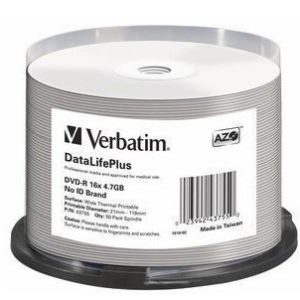 J15F57 - DVD-R 4.7GB -  50DVD - VERBATIM 16x Spindle DataLifePlus Wide Thermal Professional - No ID Brand