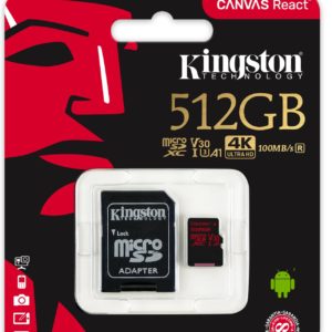 J30J04 - MicroSDXC Memory Card 512000MB (512GB ) KINGSTON Canvas React [SDCR/512GB] avec Adapter
